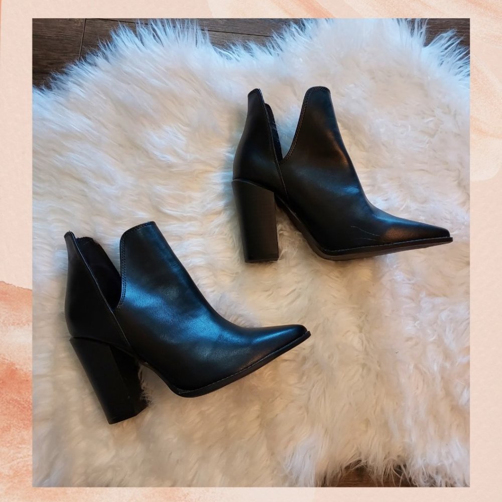 Qupid Black Slip-On Cut-Out Block Heel Ankle Bootie